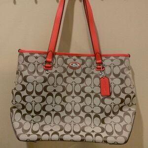 Coach Brown and Red Signature Tote Bag